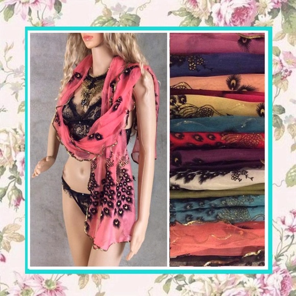 Unique Styles scarf Accessories - 🎀 PEACOCK EMBROIDERED SCARF LONG WRAP BOHO CHIC PRETTY PINK VINTAGE DESIGNER